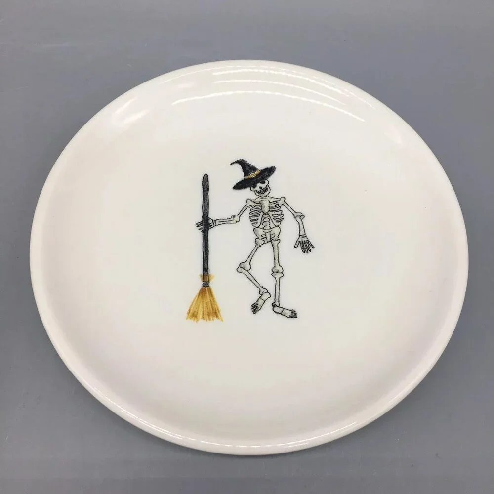 4 RAE DUNN Halloween Appetizer Plate Set Skeleton Witch Candy Corn Juggle 2018